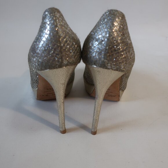 Jimmy Choo Silver Gold Luna Metallic Peep Toe Platform Heels Pumps 38.5 US/8.5 - Picture 6 of 14